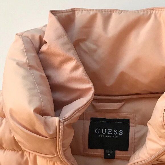 GUESS stretch water/windproof blush pink puffer moto contrasting vegan leather M - Picture 11 of 16